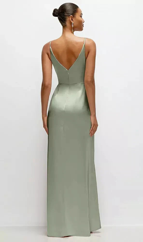 Pleated Faux Wrap Satin Maxi Dress with Adjustable Spaghetti Straps in Sage