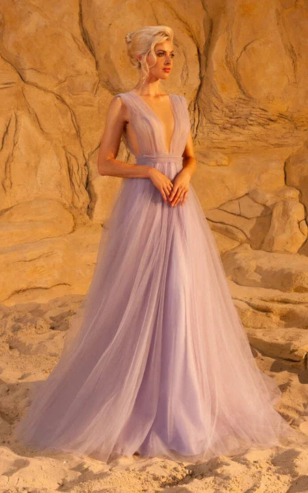 Plunged Chiffon Cap Empire Pleated A-line Prom Dress With Bow And Low-V Back Sweep/Brush Train