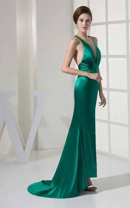 Plunged Mermaid High-Low Hem Satin Dress With Sweep Train Open Back Prom Dress/Dress For Formal