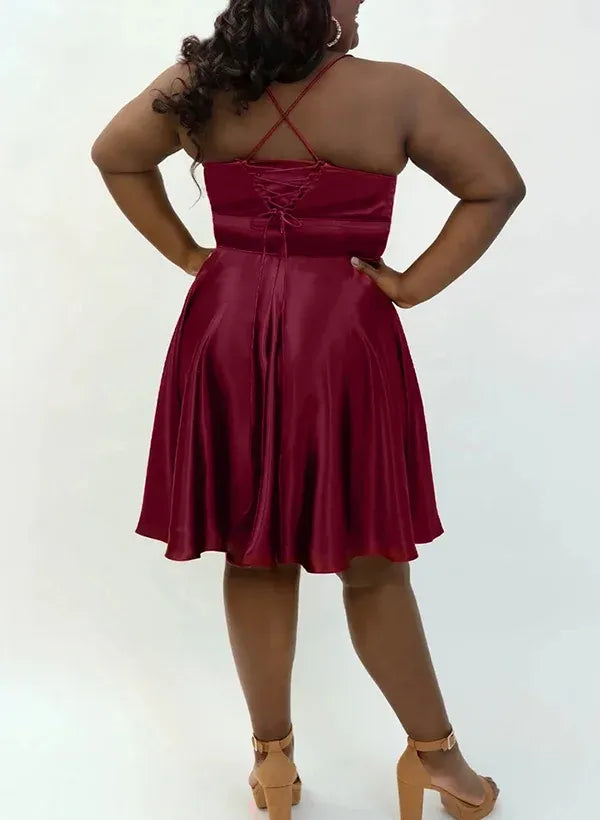 Plus Size Elegant A-Line V-Neck Ruched Satin Burgundy Mini Homecoming Dress