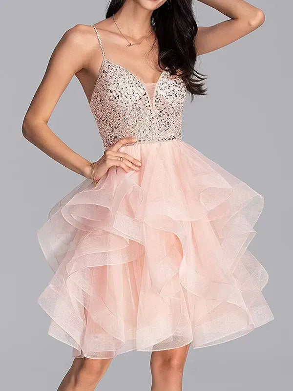 Pretty A-Line V-Neck Corset Beaded Sequins Layers Blush Mini Homecoming Dress