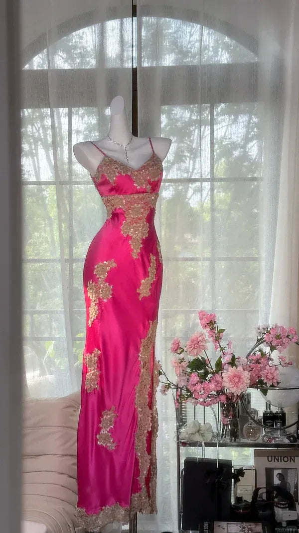 Pretty Mermaid Spaghetti Straps Sleeveless Appliques Satin Maxi Dress Prom Dress