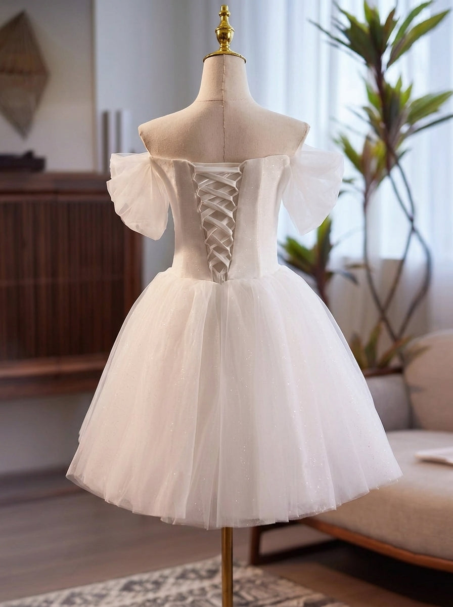 Pretty A-Line Off-Shoulder Puffy Sleeves Floral Applique Tulle White Short Homecoming Dresses