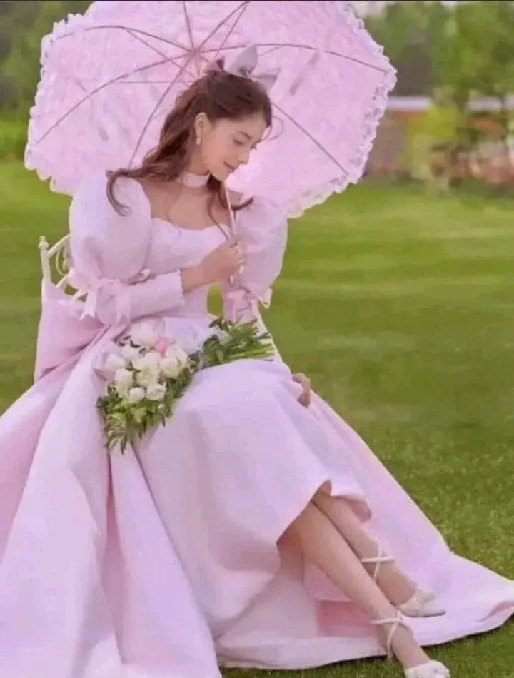 Elegant Princess Ball Gown Sweetheart Neck Puff Sleeve Pink Floor-Length Prom Dress for Women