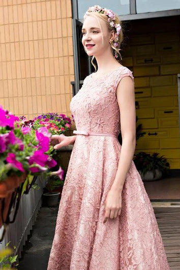 Quyihu Dress A-Line Bateau Neck Lace Applique Pearls Tea-Length Lace Up Prom Dress