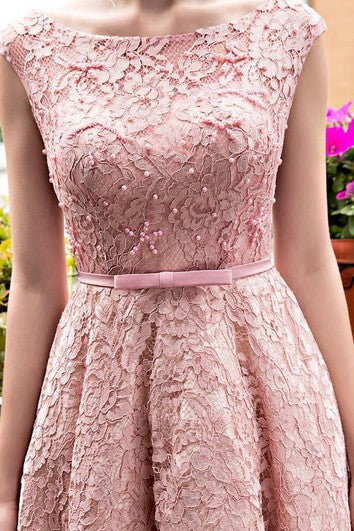 Quyihu Dress A-Line Bateau Neck Lace Applique Pearls Tea-Length Lace Up Prom Dress
