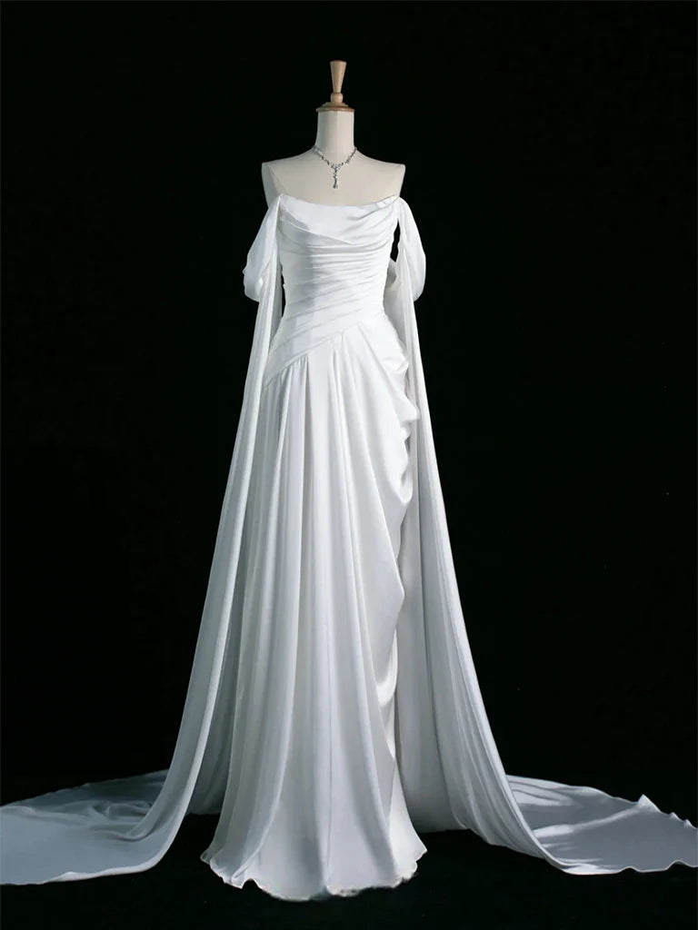 Quyihu Dress A-Line Off Shoulder Satin White Long Prom Dress White Long Formal Dress