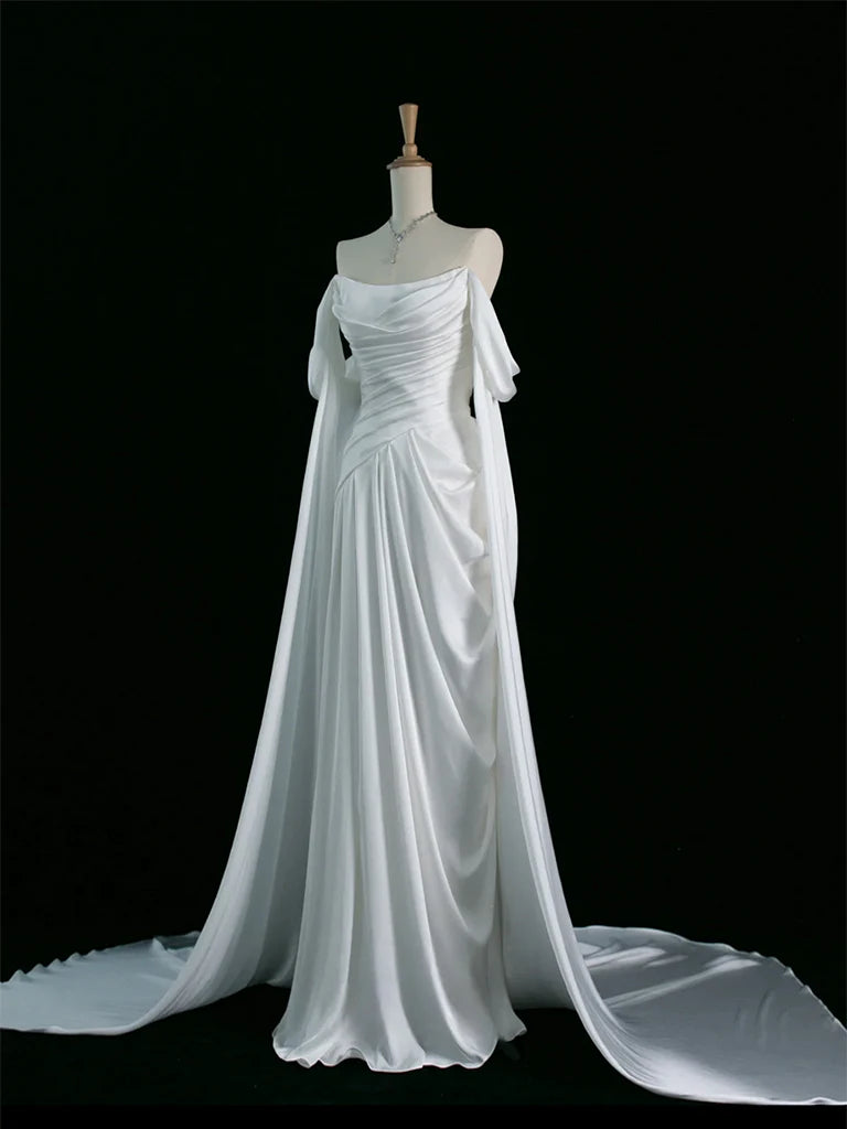 Quyihu Dress A-Line Off Shoulder Satin White Long Prom Dress White Long Formal Dress