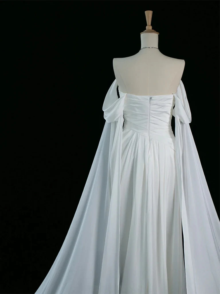 Quyihu Dress A-Line Off Shoulder Satin White Long Prom Dress White Long Formal Dress