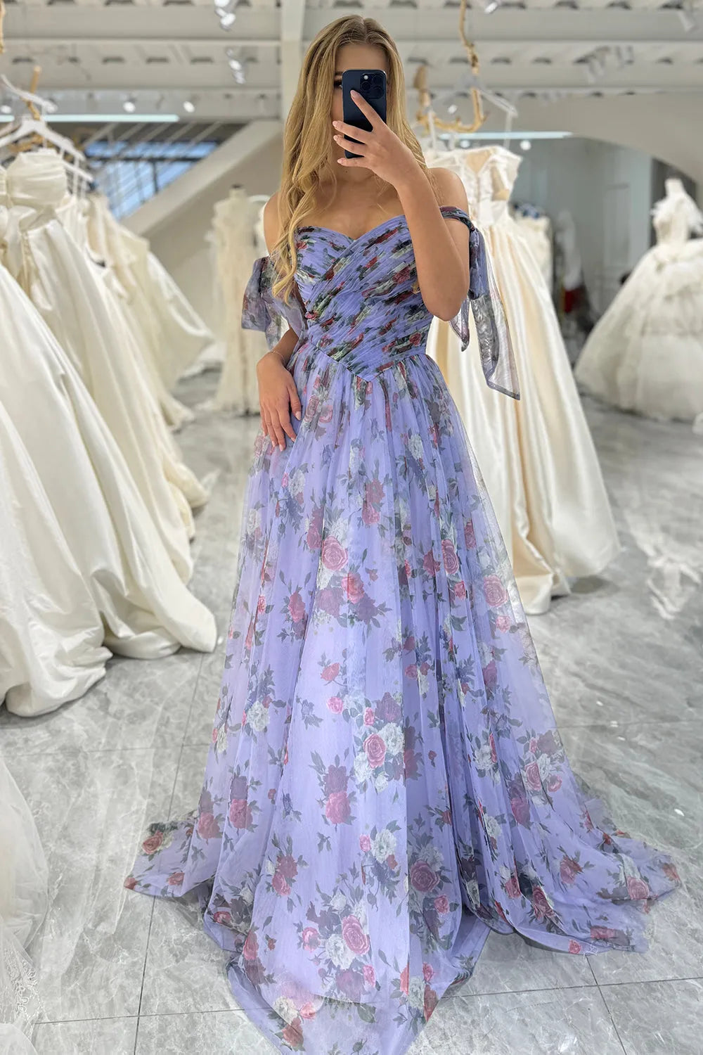 Quyihu Dress A-Line/Princess Flower Printed Off the Shoulder Sleeveless Sweep/Brush Train Elegant Prom Dress