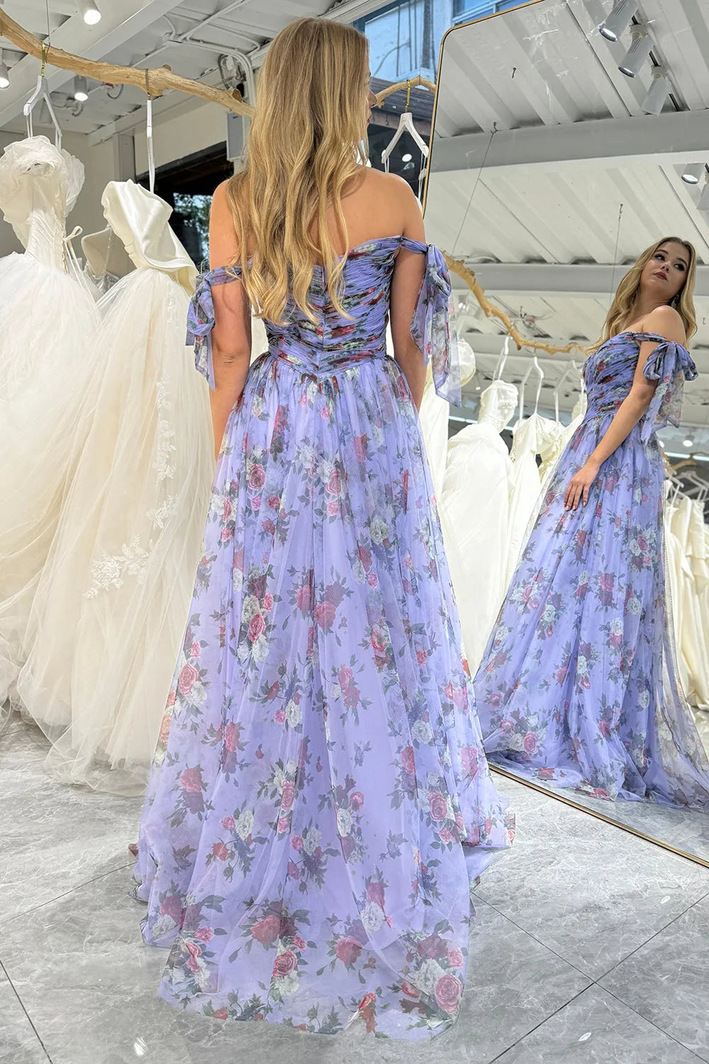 Quyihu Dress A-Line/Princess Flower Printed Off the Shoulder Sleeveless Sweep/Brush Train Elegant Prom Dress