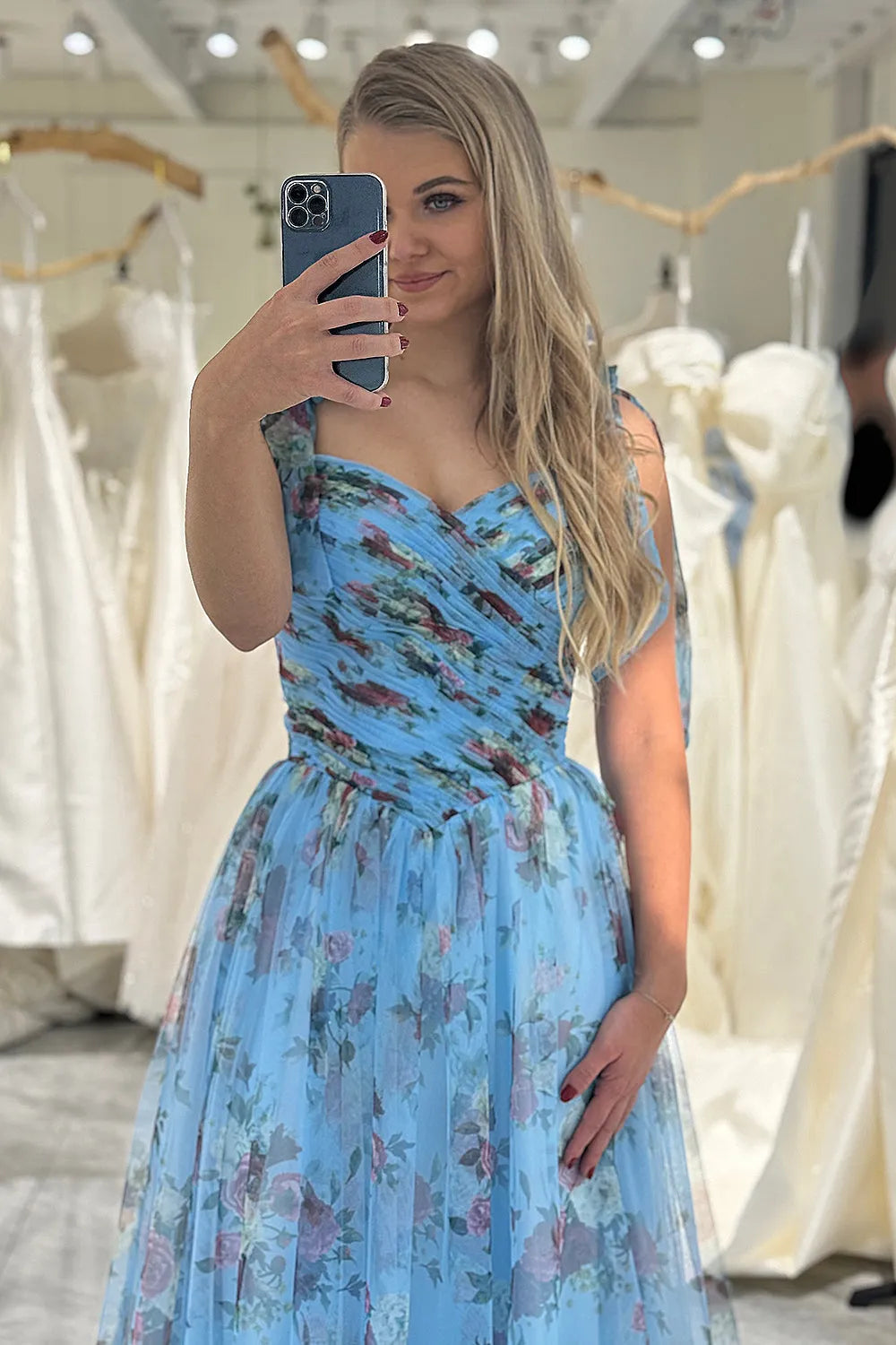 Quyihu Dress A-Line/Princess Flower Printed Off the Shoulder Sleeveless Sweep/Brush Train Elegant Prom Dress