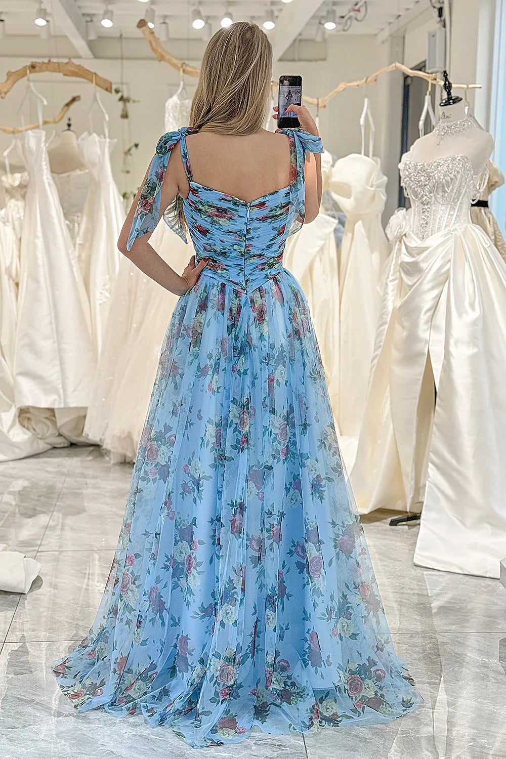 Quyihu Dress A-Line/Princess Flower Printed Off the Shoulder Sleeveless Sweep/Brush Train Elegant Prom Dress