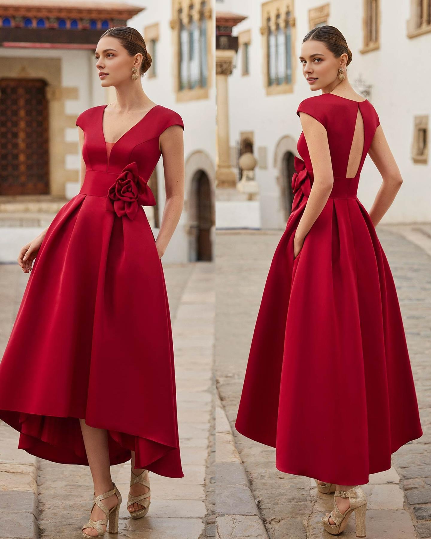 Quyihu Dress A-Line/Princess Red Flower Short Ankle Length Prom Dress V Neck Backless Evening Dress