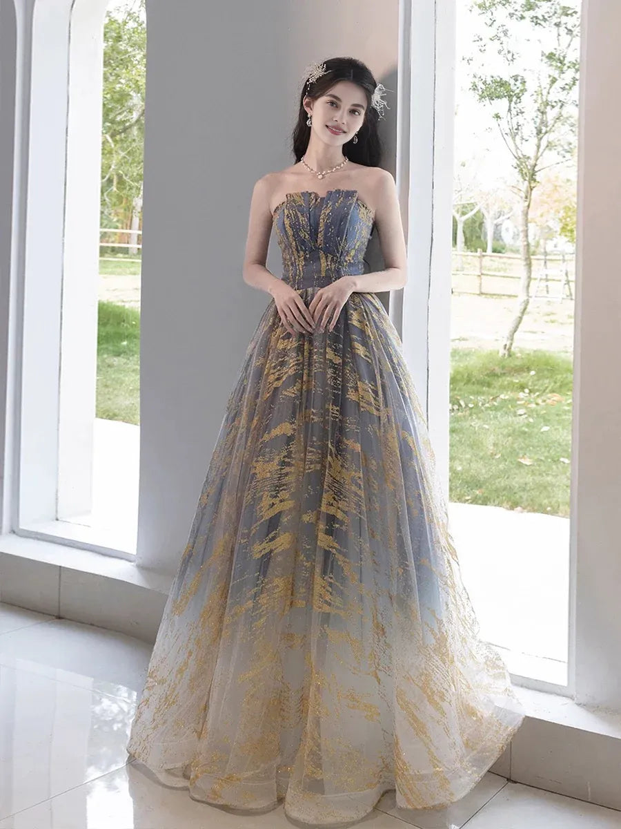 Quyihu Dress A-Line Tulle Sequin Blue/Gold Long Prom Dress Floor Length Lace Up Formal Dress