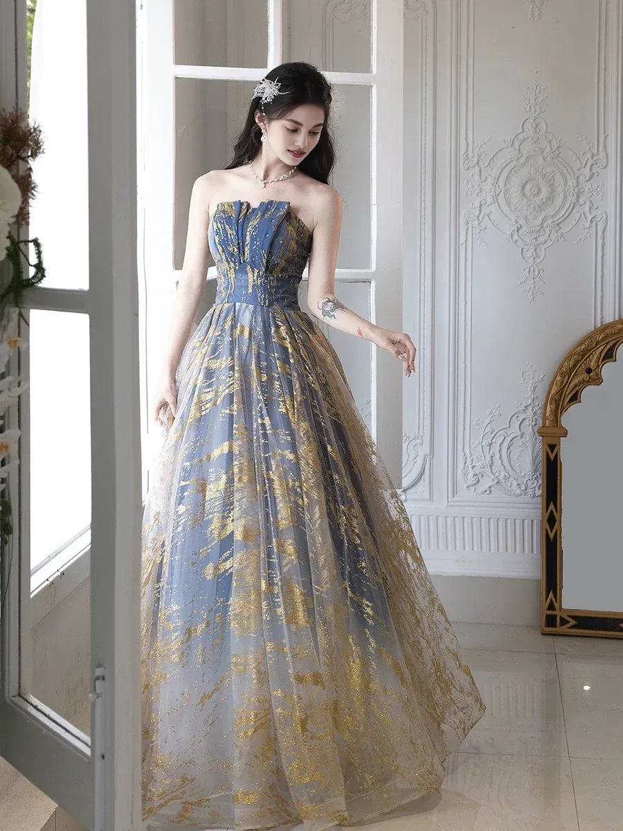 Quyihu Dress A-Line Tulle Sequin Blue/Gold Long Prom Dress Floor Length Lace Up Formal Dress
