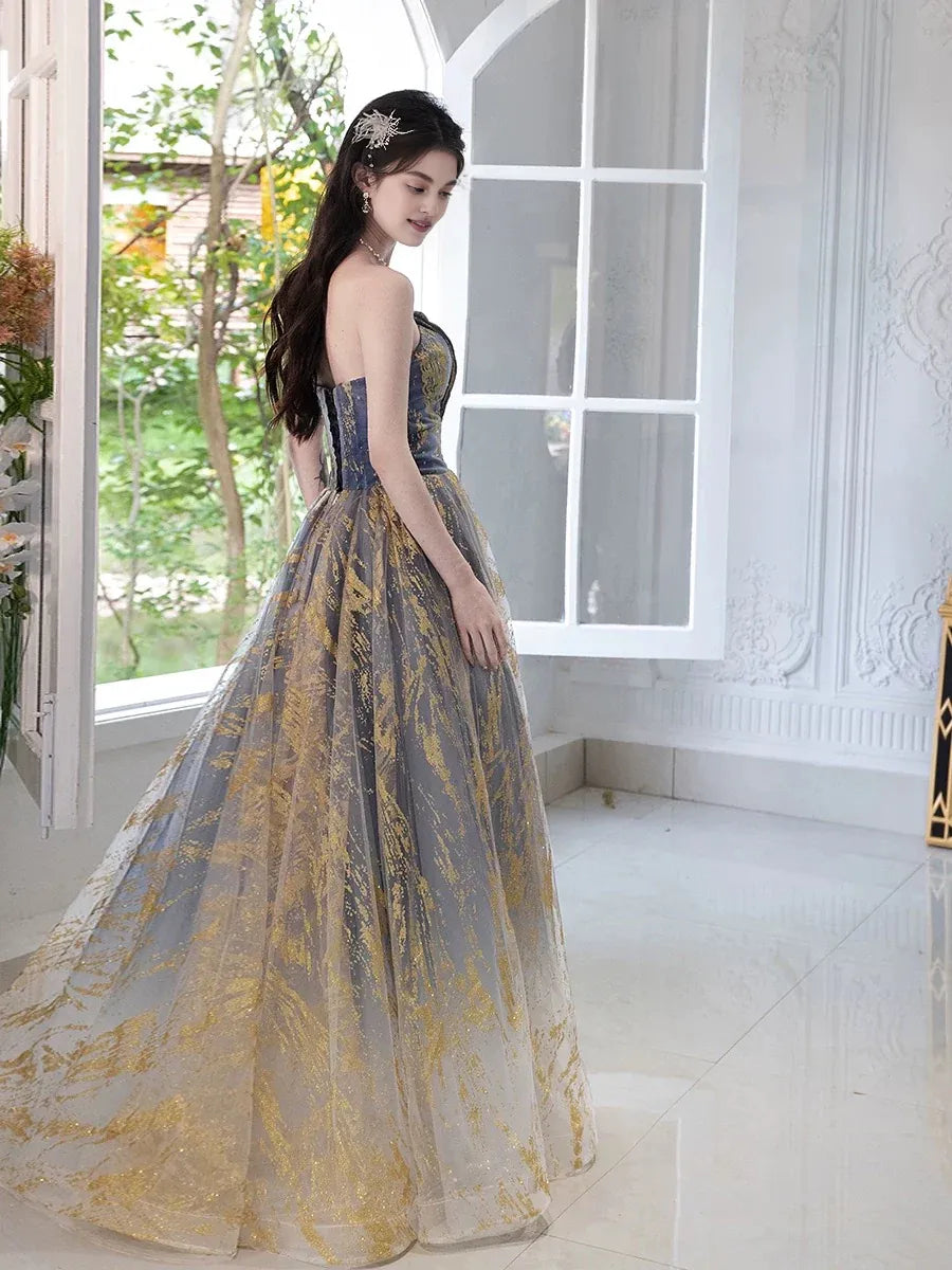 Quyihu Dress A-Line Tulle Sequin Blue/Gold Long Prom Dress Floor Length Lace Up Formal Dress