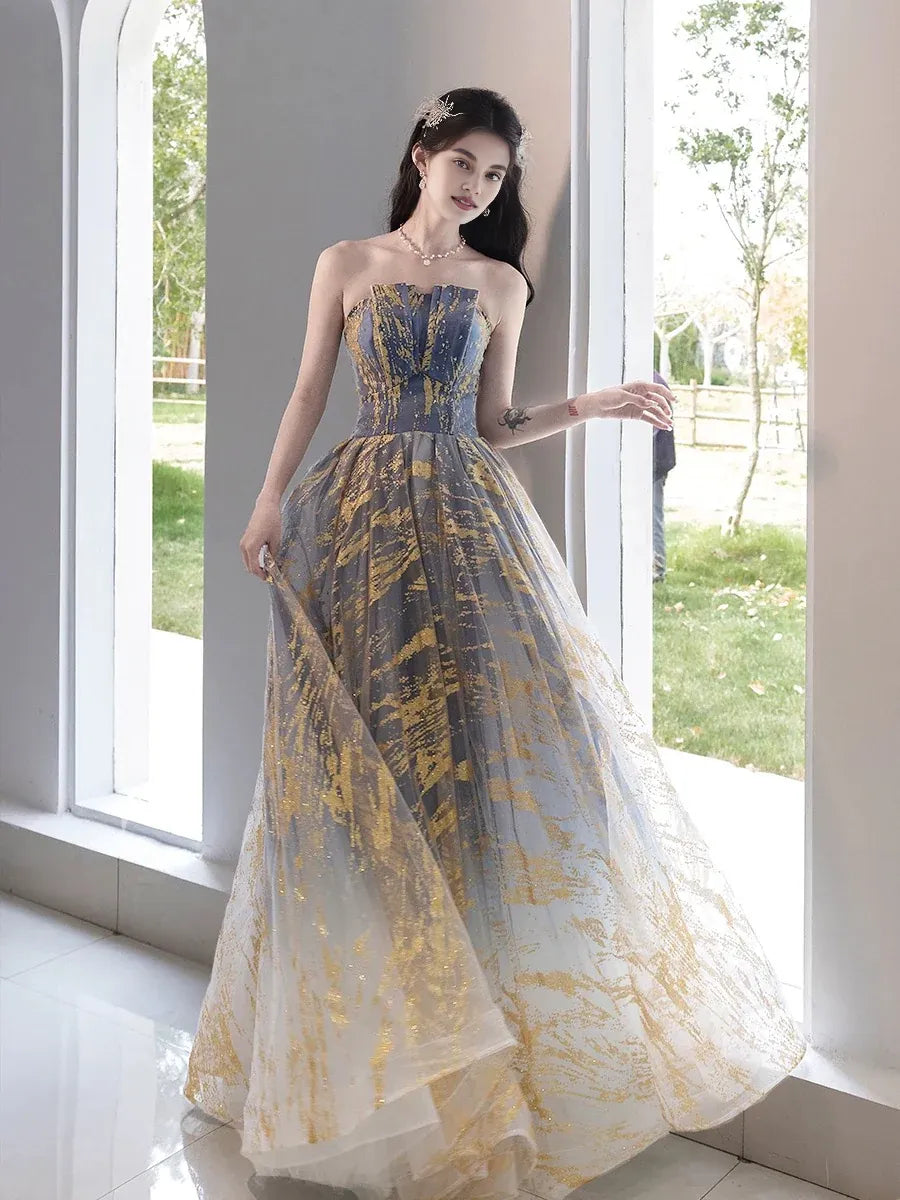 Quyihu Dress A-Line Tulle Sequin Blue/Gold Long Prom Dress Floor Length Lace Up Formal Dress