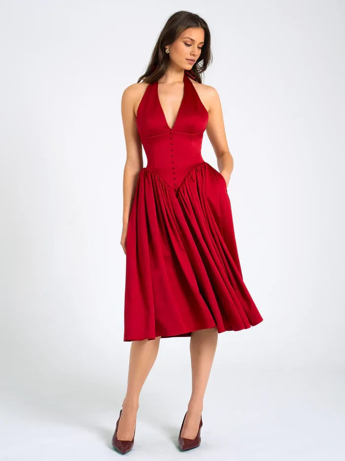 Quyihu Dress A-line Elegant Tea-Length Pleated Red Plunging Halter Sleeveless Backless Maxi Dress Prom Dress