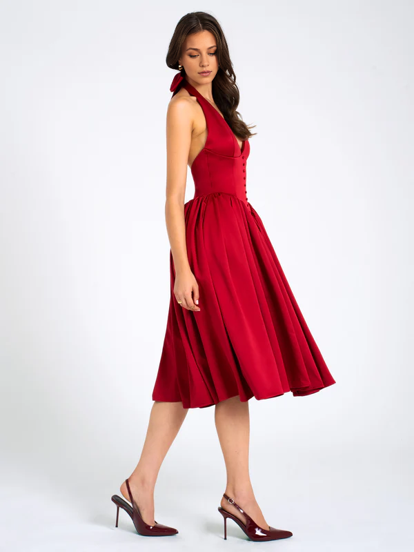 Quyihu Dress A-line Elegant Tea-Length Pleated Red Plunging Halter Sleeveless Backless Maxi Dress Prom Dress