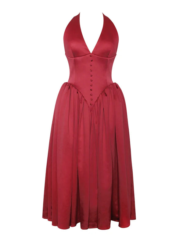 Quyihu Dress A-line Elegant Tea-Length Pleated Red Plunging Halter Sleeveless Backless Maxi Dress Prom Dress