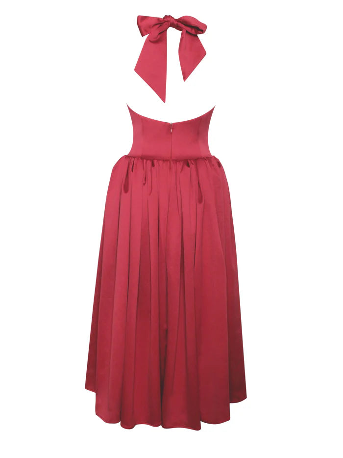 Quyihu Dress A-line Elegant Tea-Length Pleated Red Plunging Halter Sleeveless Backless Maxi Dress Prom Dress