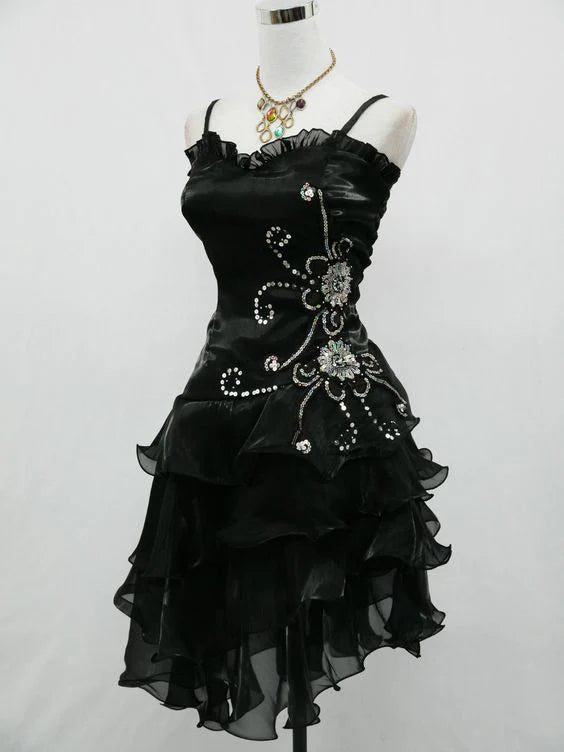 Quyihu Dress Black Chiffon Beaded Mini Satin Short Prom Dress Homecoming Dress