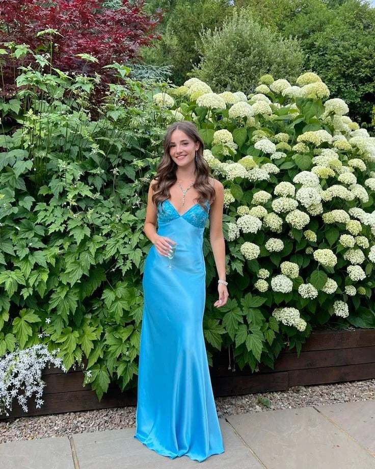 Quyihu Dress Blue Backless Mermaid Satin Long Evening Spaghetti Straps Prom Dress