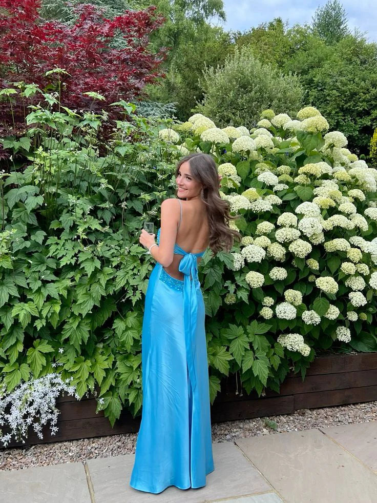 Quyihu Dress Blue Backless Mermaid Satin Long Evening Spaghetti Straps Prom Dress