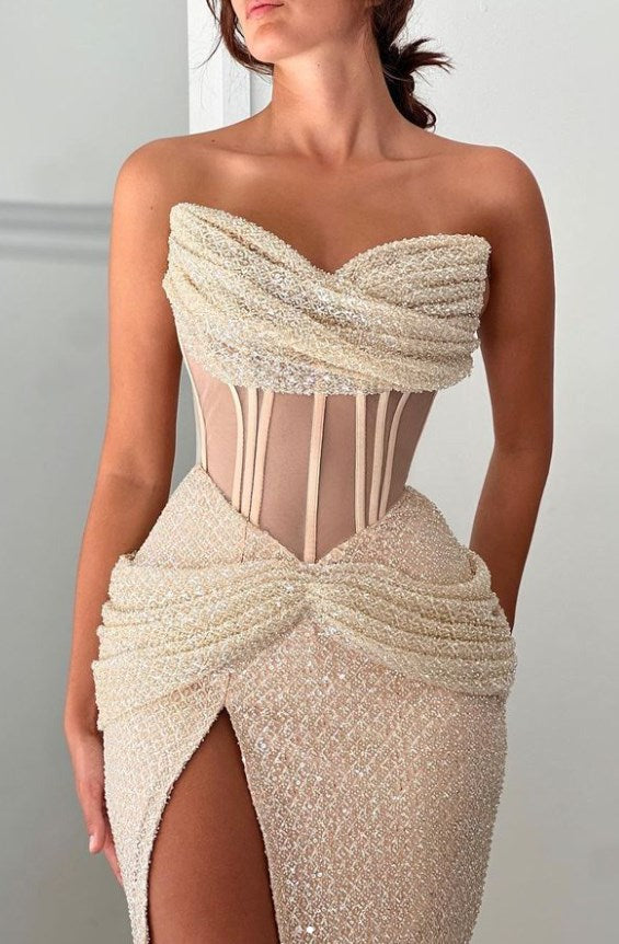 Quyihu Dress Champagne Sweetheart Pleated Prom Dress With Split Sequins Evening Dress