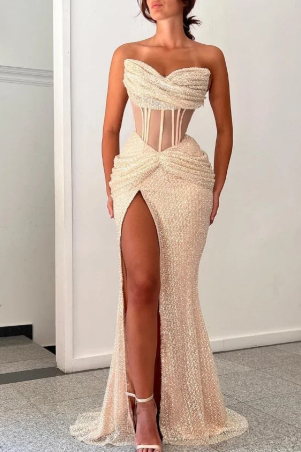Quyihu Dress Champagne Sweetheart Pleated Prom Dress With Split Sequins Evening Dress