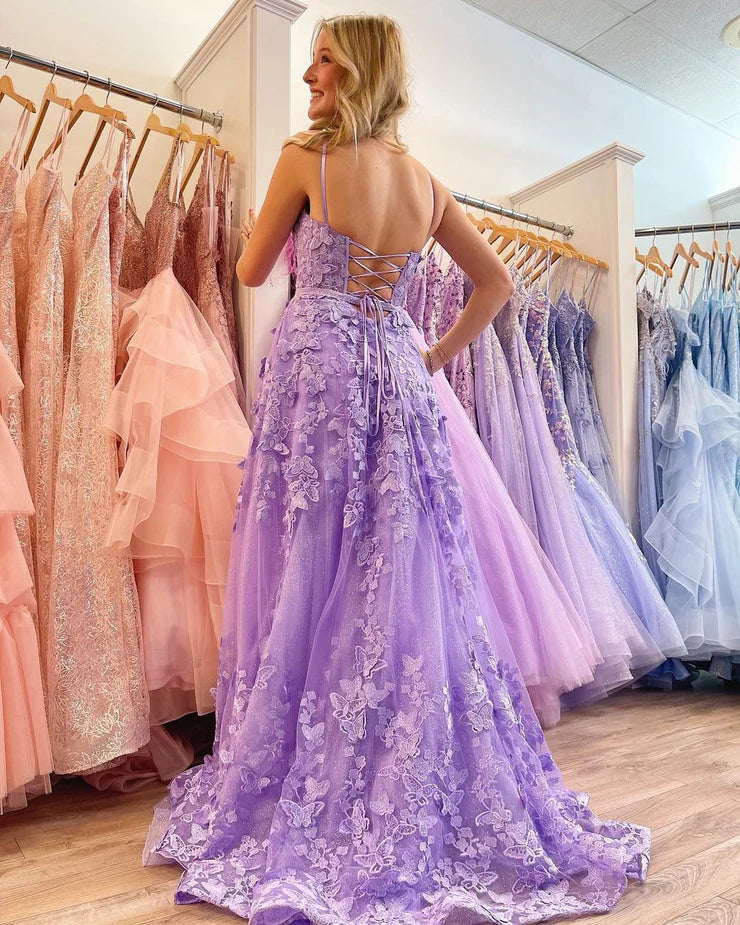 Quyihu Dress Charming A Line Sweetheart Light Purple Lace Long Prom Dresses