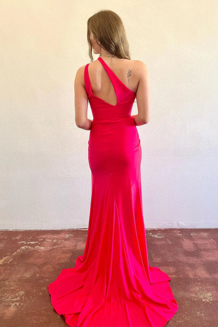 Quyihu Dress Charming Mermaid One Shoulder Red Elastic Satin Slit Long Prom Dresses