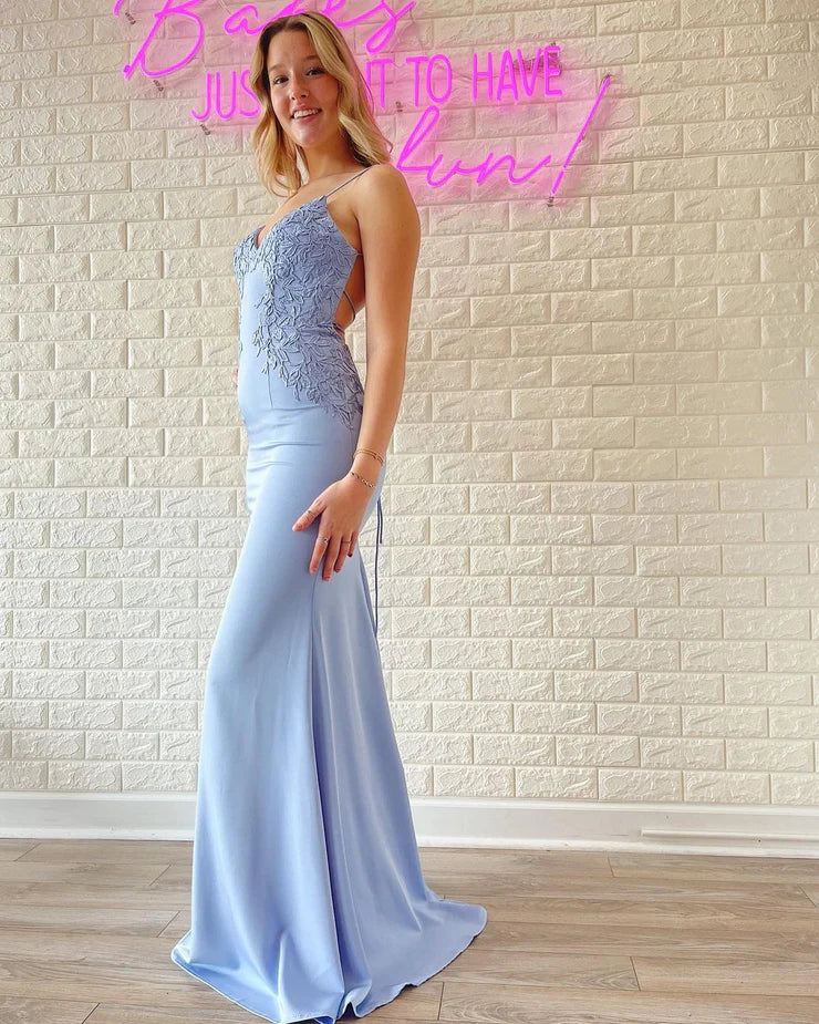 Quyihu Dress Charming Mermaid Sweetheart Light Blue Satin Prom Dresses with Appliques