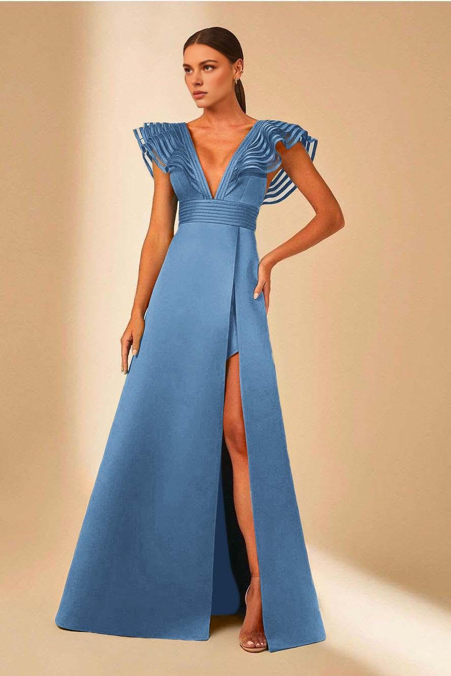 Quyihu Dress Charming Satin Sleeveless V Neck Maxi Dress Prom Dress with Split Evening Dress