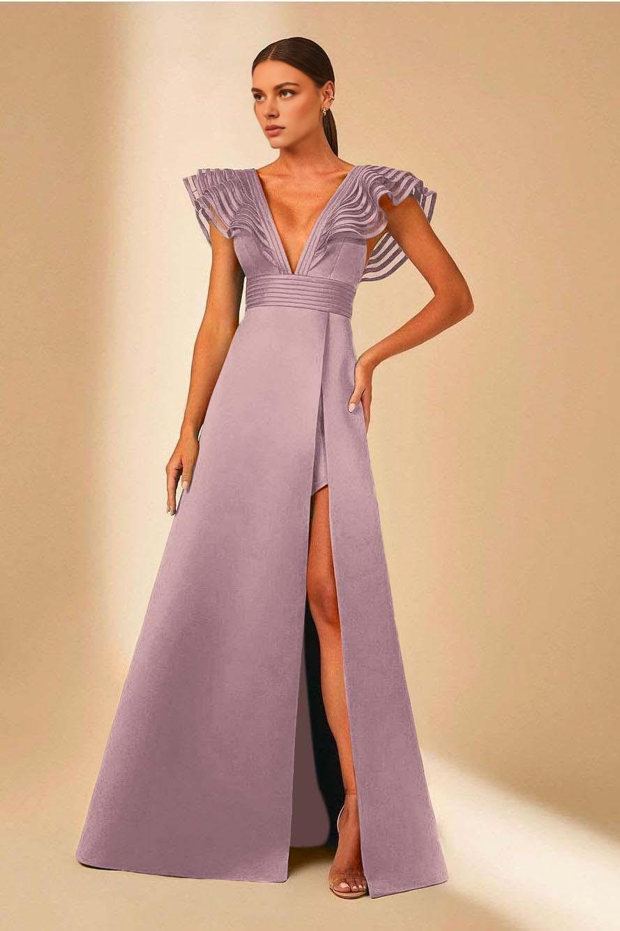 Quyihu Dress Charming Satin Sleeveless V Neck Maxi Dress Prom Dress with Split Evening Dress