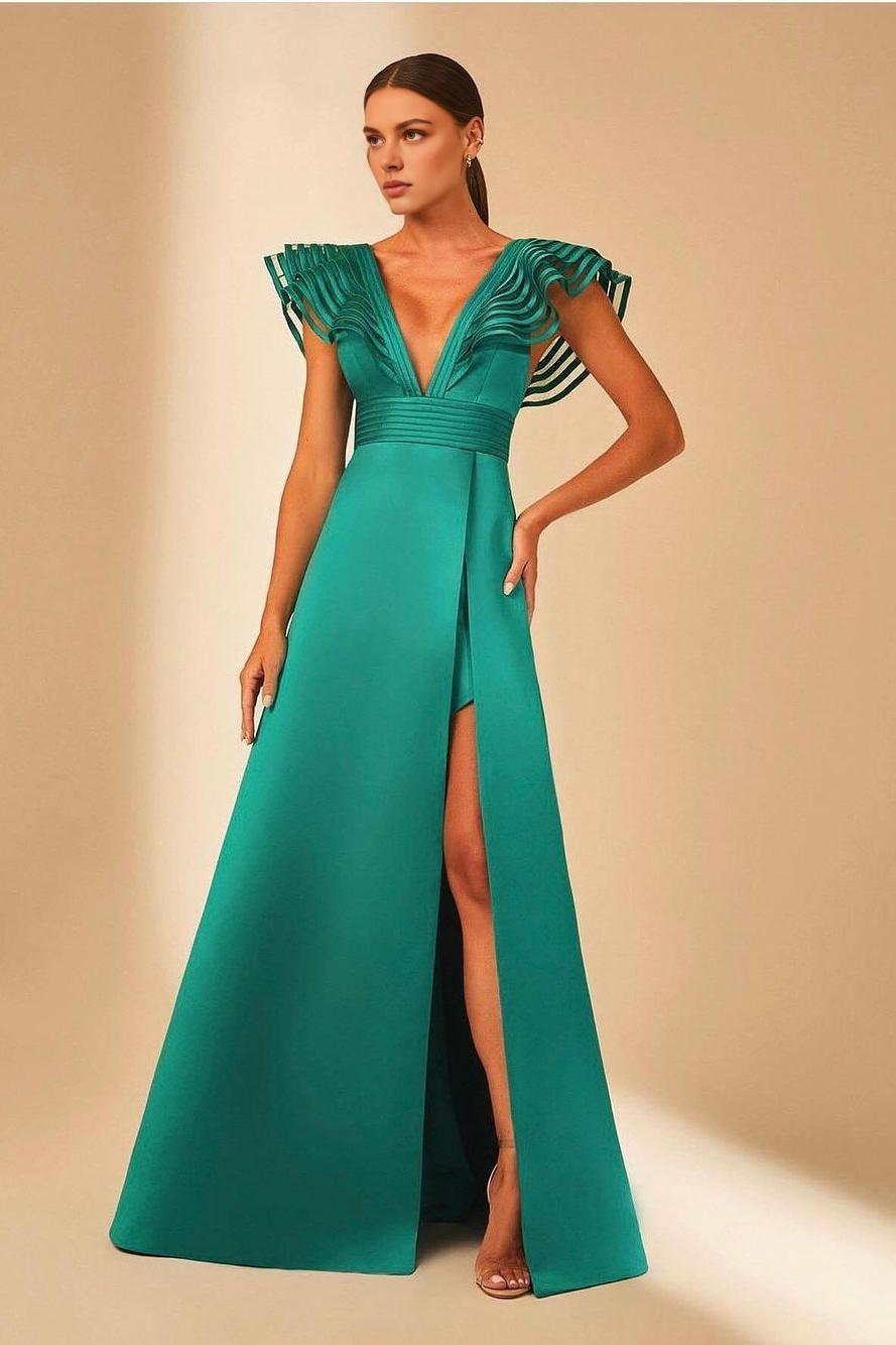 Quyihu Dress Charming Satin Sleeveless V Neck Maxi Dress Prom Dress with Split Evening Dress
