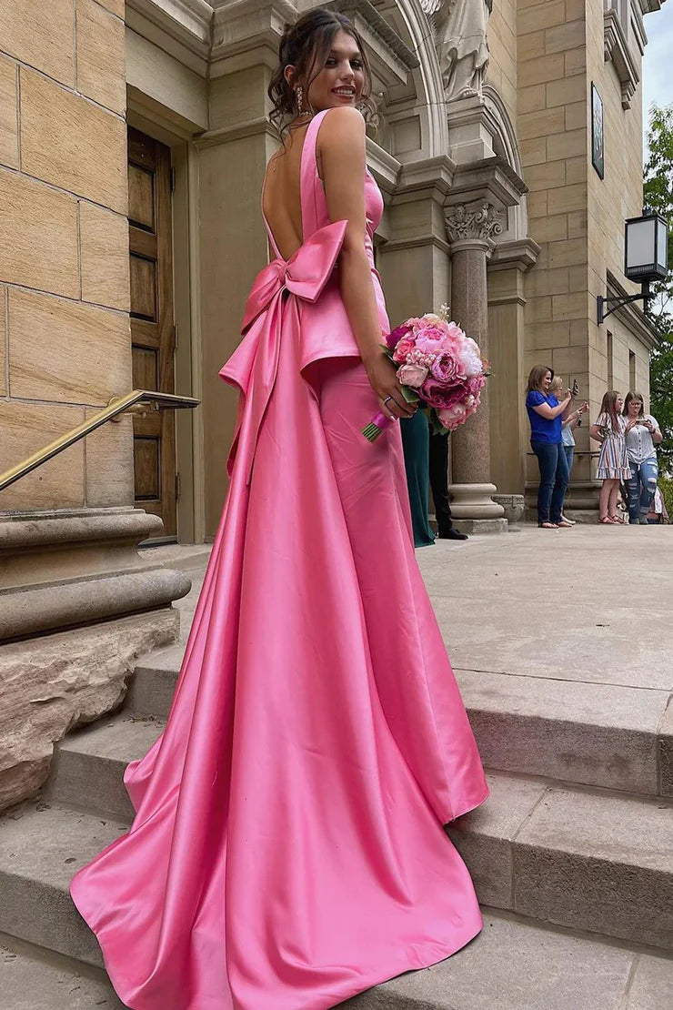 Quyihu Dress Charming Sweetheart Sheath Pink Saitn Prom Dress with Big Bow