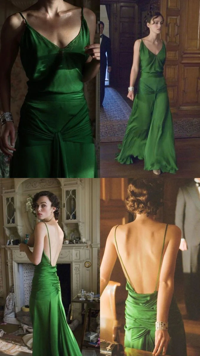 Quyihu Dress Classic A Line Spaghetti Strap Green Satin Long Prom Dress Evening Dress Sleeveless Party Dress