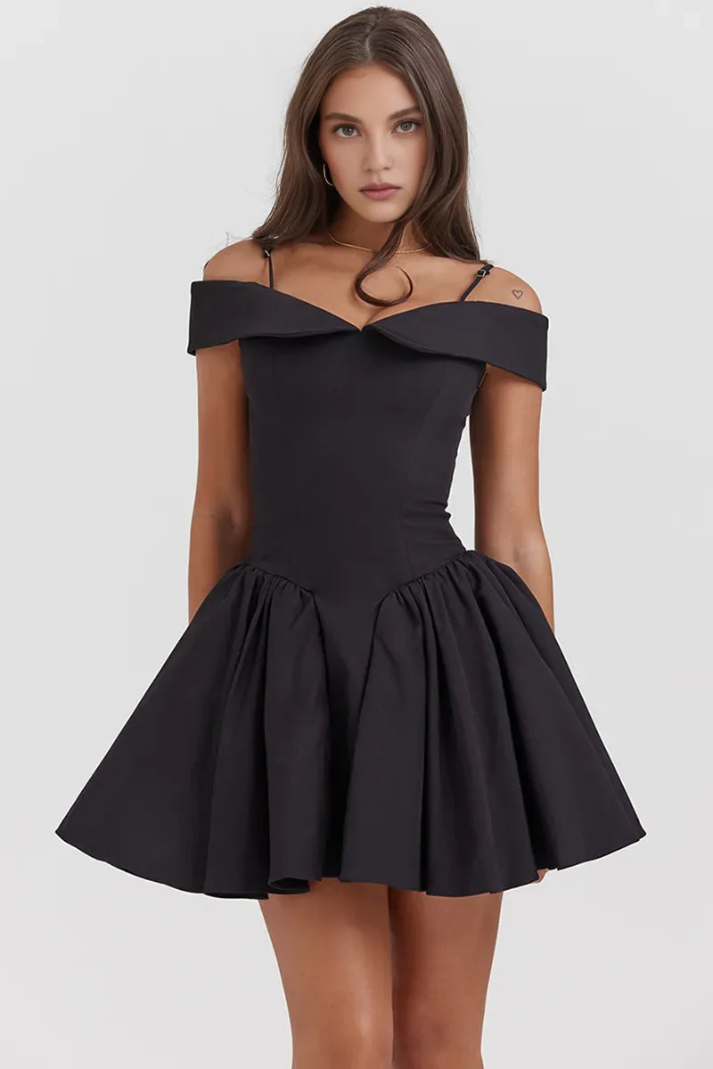 Quyihu Dress Cold Shoulder Corset A-Line Pleated Hem Cocktail Party Slip Mini Dresses Black Homecoming Dress