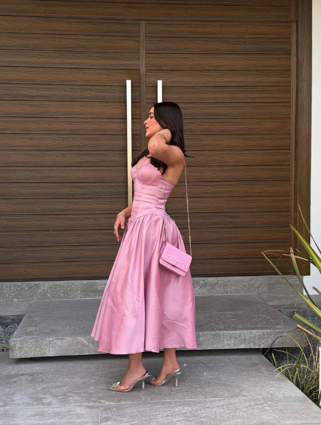 Quyihu Dress Cute A Line Halter V Neck Pink Satin Open Back Party Dress Graduation Prom Dress