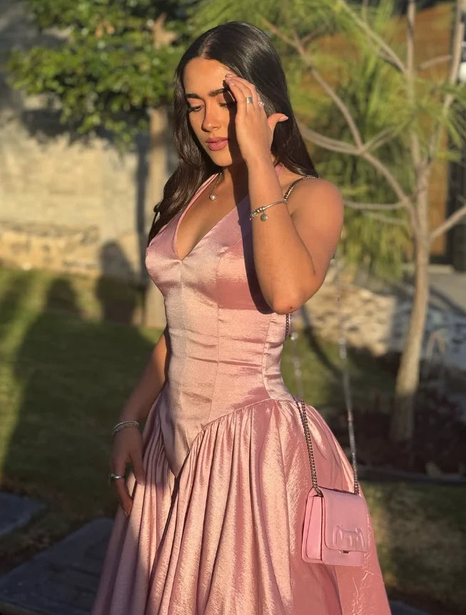 Quyihu Dress Cute A Line Halter V Neck Pink Satin Open Back Party Dress Graduation Prom Dress
