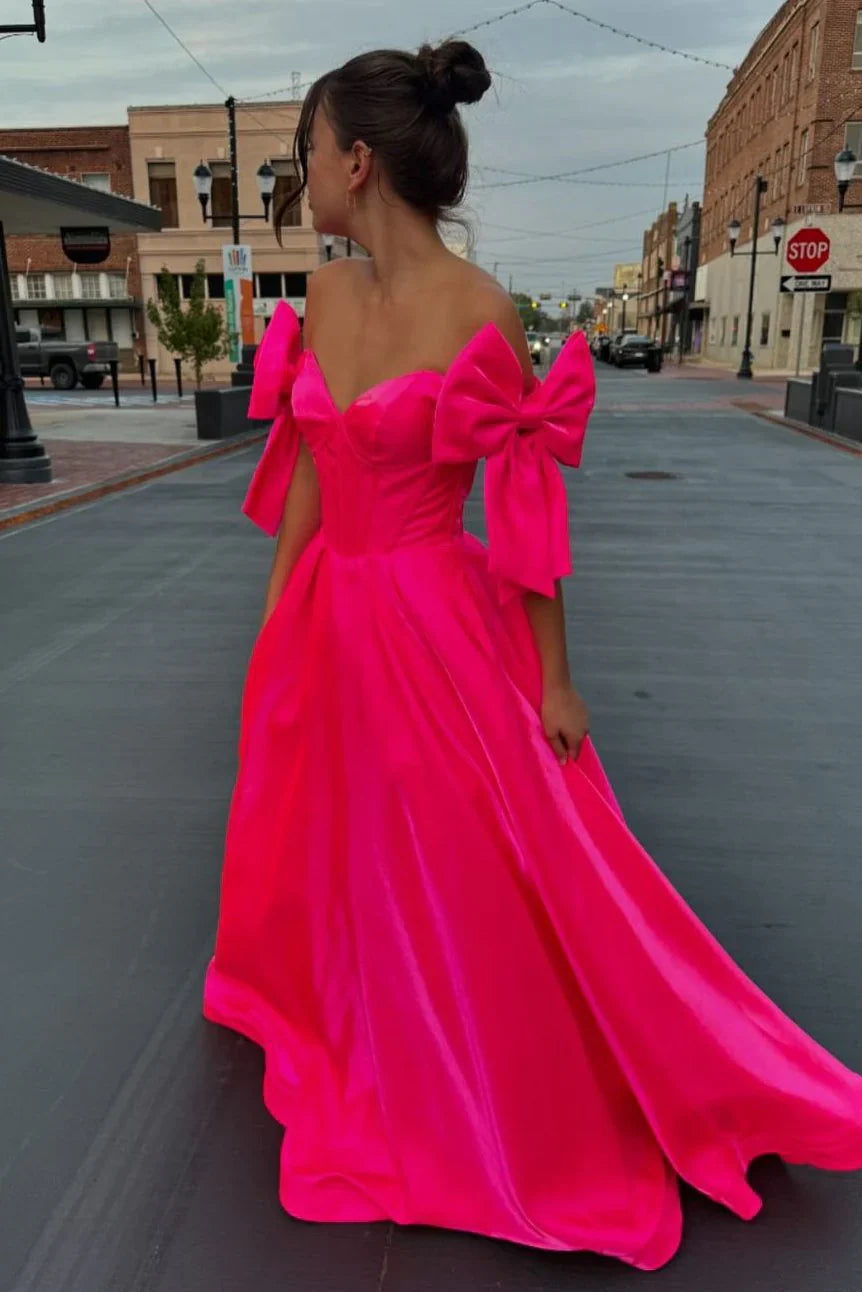 Quyihu Dress Cute A Line Off the Shoulder Hot Pink Satin Prom Dress with Bow