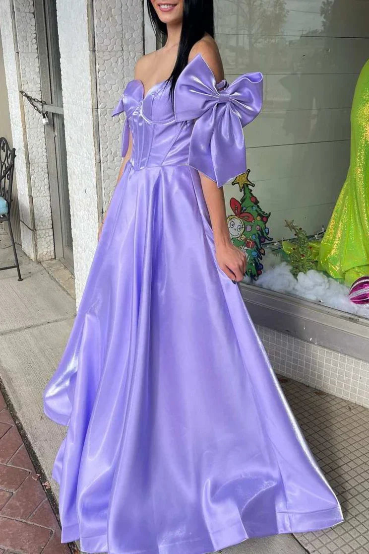 Quyihu Dress Cute A Line Off the Shoulder Hot Pink Satin Prom Dress with Bow