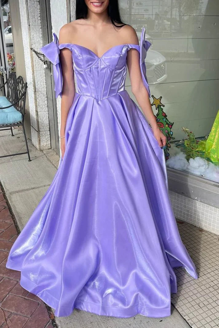 Quyihu Dress Cute A Line Off the Shoulder Hot Pink Satin Prom Dress with Bow