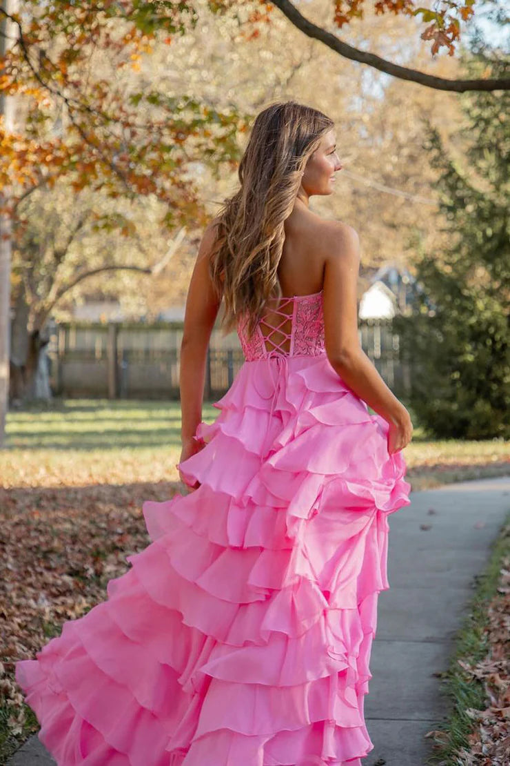 Quyihu Dress Cute A Line Sweetheart Hot Pink Chiffon Tiered Long Prom Dresses with Appliques