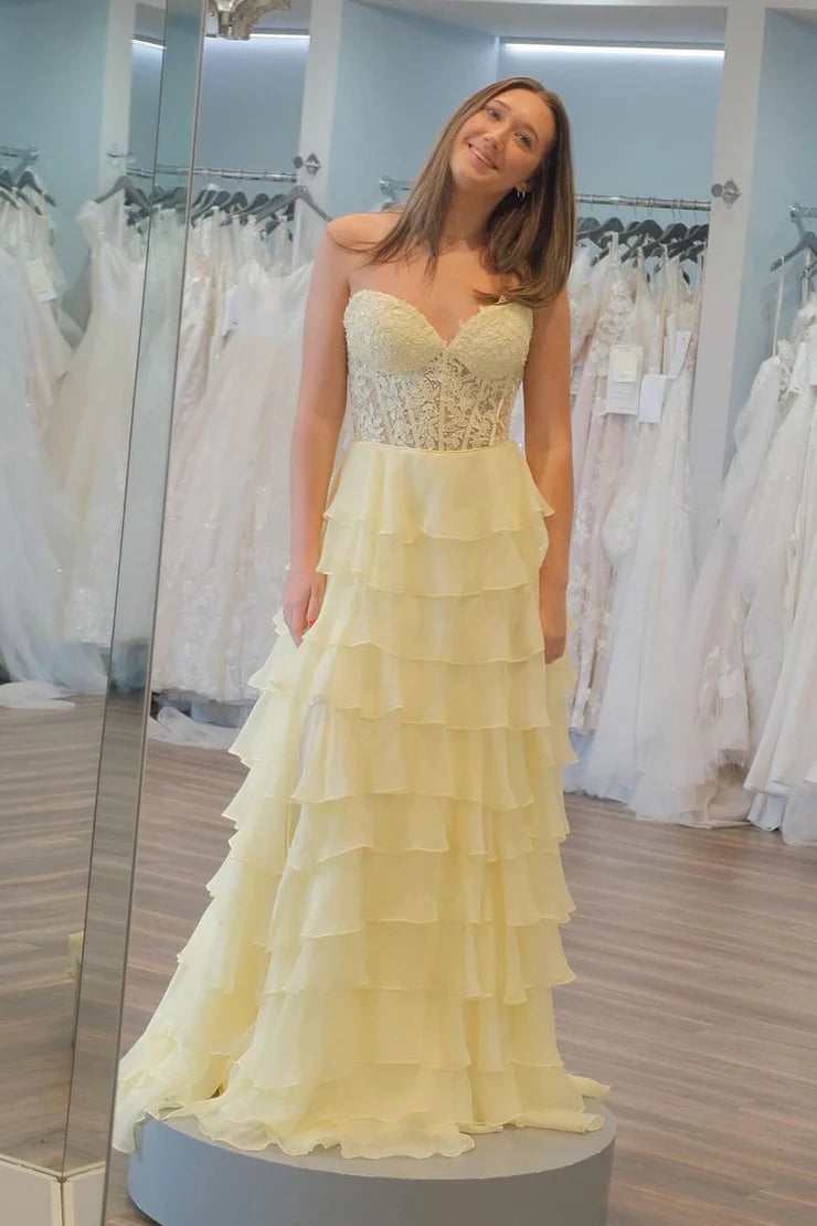Quyihu Dress Cute A Line Sweetheart Hot Pink Chiffon Tiered Long Prom Dresses with Appliques