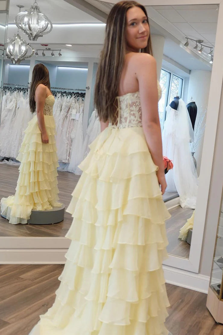 Quyihu Dress Cute A Line Sweetheart Hot Pink Chiffon Tiered Long Prom Dresses with Appliques