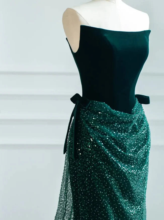 Quyihu Dress Cute Green A Line Strapless Velvet Sequins Long Sweep Evening Dress Graduation Prom Dress