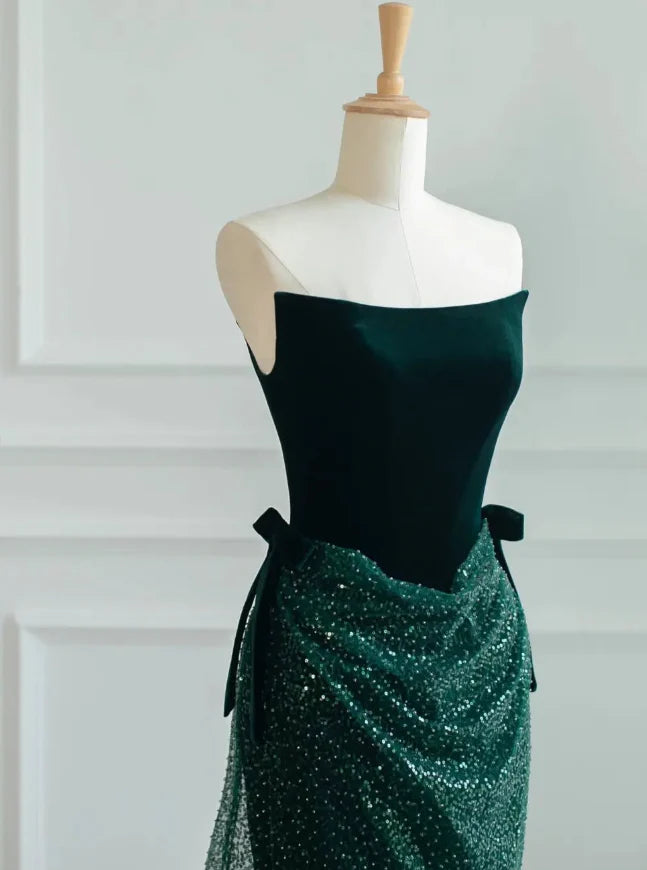 Quyihu Dress Cute Green A Line Strapless Velvet Sequins Long Sweep Evening Dress Graduation Prom Dress
